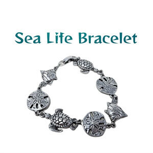 Sea life wrist bracelet Silver Tone Sea Turtle Sand Dollar Fish 7 In. Dolphin